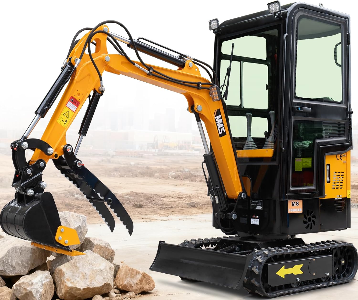 MMS 1 Ton Mini Excavator Review: Pros & Cons Verdict 1 MMS 1 Ton Mini Excavator review detailed features and technical specifications showing enclosed cab and hydraulic thumb