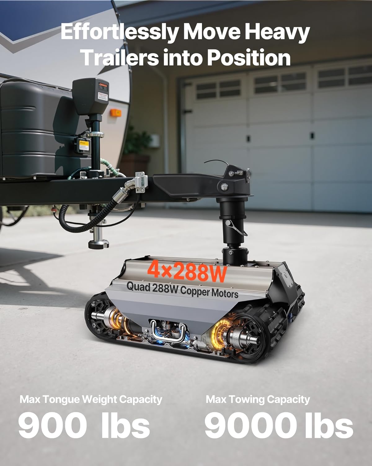VEVOR electric trailer mover review close-up of remote control, wheel tracks, and ball mount bracket showing real-use wear and control interface