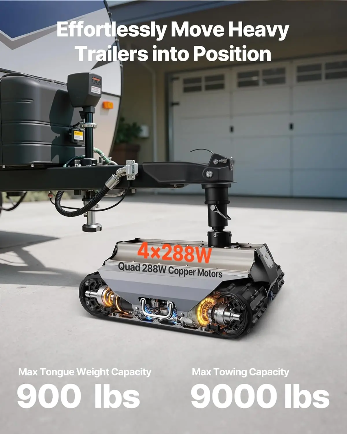 VEVOR Electric Trailer Mover Review: Honest Pros & Cons 2 VEVOR electric trailer mover review close-up of remote control, wheel tracks, and ball mount bracket showing real-use wear and control interface