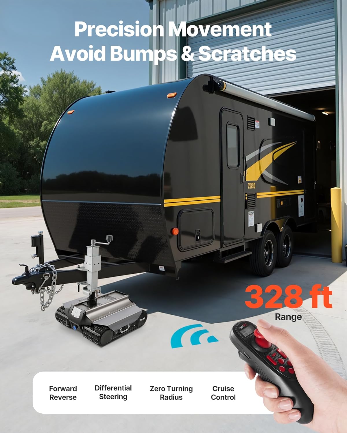 VEVOR electric trailer mover review testing in action on gravel driveway and grass incline showing real-world positioning and remote control operation