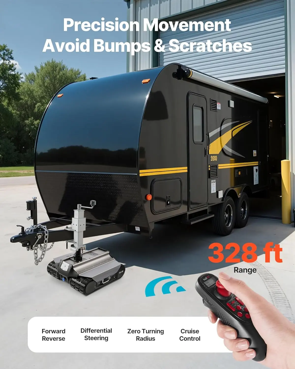 VEVOR Electric Trailer Mover Review: Honest Pros & Cons 3 VEVOR electric trailer mover review testing in action on gravel driveway and grass incline showing real-world positioning and remote control operation