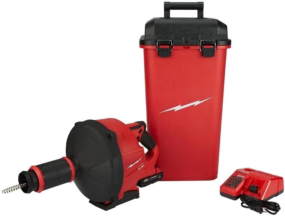 Milwaukee M18 drain snake review unboxing — first impressions and package contents showing the tool, battery, charger, cable, and storage bucket