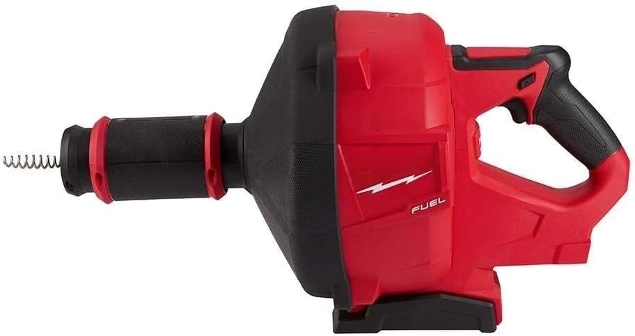 Milwaukee M18 drain snake review setup process showing initial configuration, battery installation, and cable feed mechanism adjustment